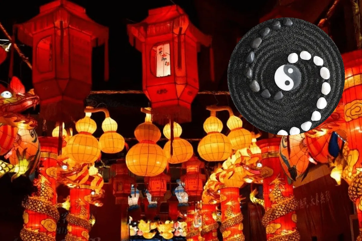 imagen de festival de linternas chino junto con el símbolo del yin yang
