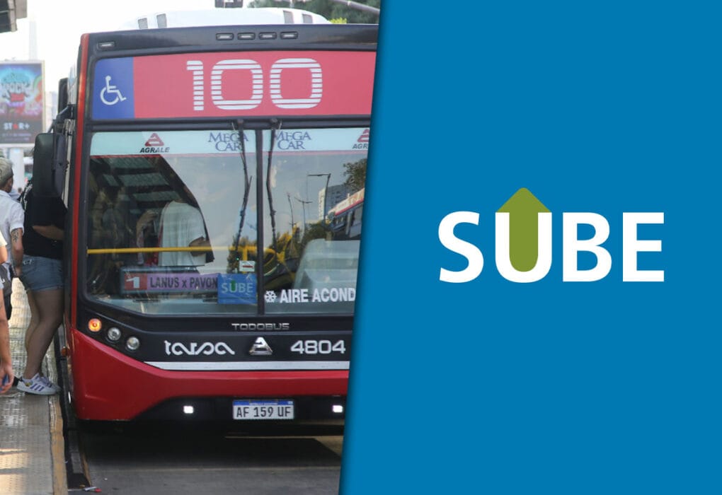 Imagen compuesta por el colectivo 100 y el logo de SUBE sobre un fondo azul.