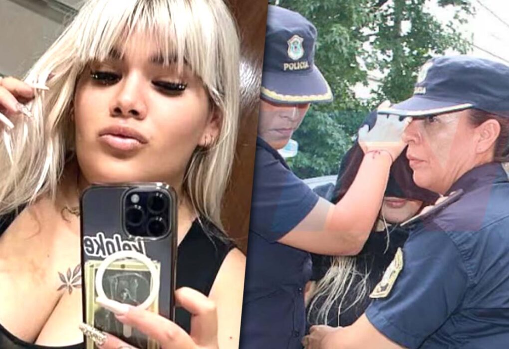Una foto de morena rial sacandose una selfie y otra llegando encapuchada a la fiscalía acompañada por dos mujeres policías.