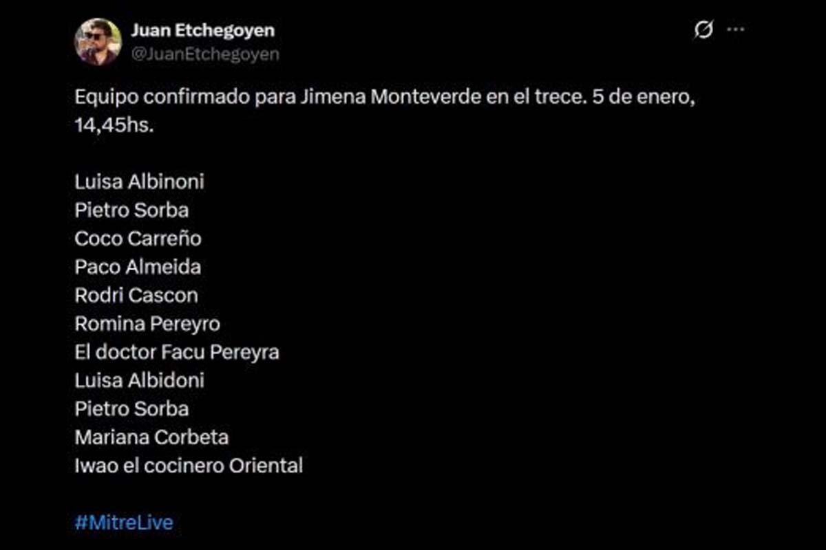 El mensaje en X de Juan Etchegoyen compartiendo el equipo que va a acompañar a Jimena Monteverde en su nuevo programa.