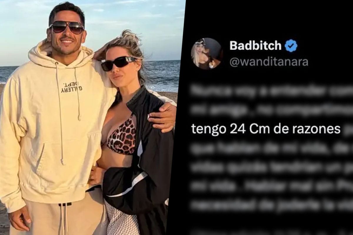 Collage de imágenes con una foto de Wanda Nara junto a su novio, Martín Migueles por un lado y por el otro una captura de X con el mensaje de Wanda Nara acerca de los "24 centimetros de razones..."