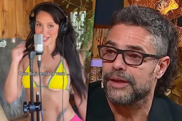 Collage de imágenes con una captura de pantalla de 'que baja está la vara', la canción de Flor Vigna realacionada con la infidelidad de Luciano Castro y una foto de Luciano Castro al otro lado.