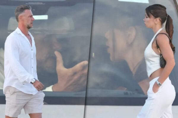 Collage de imágenes con Martín Demichelis y su nueva novia discutiendo en un auto en Punta del Este.