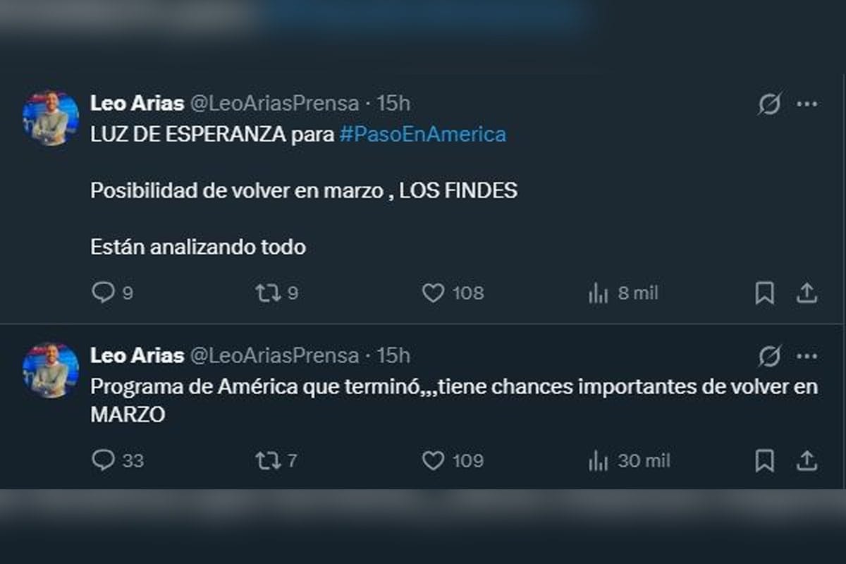 Mensaje en X (anteriormente Twitter) de Leo Arias sobre la posible vuelta de "Pasó en América" en Marzo de 2026.