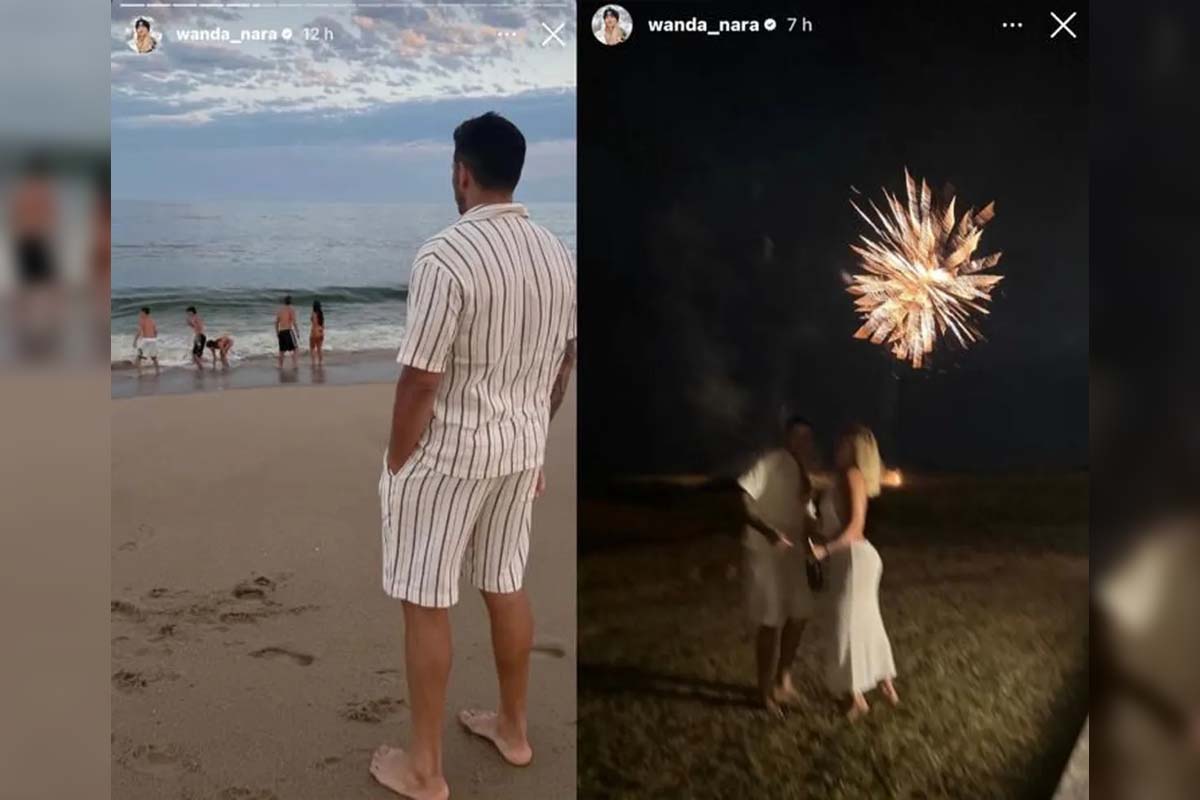 Collage con dos fotos en las historias de Instagram de Wanda Nara junto a Martín Migueles.