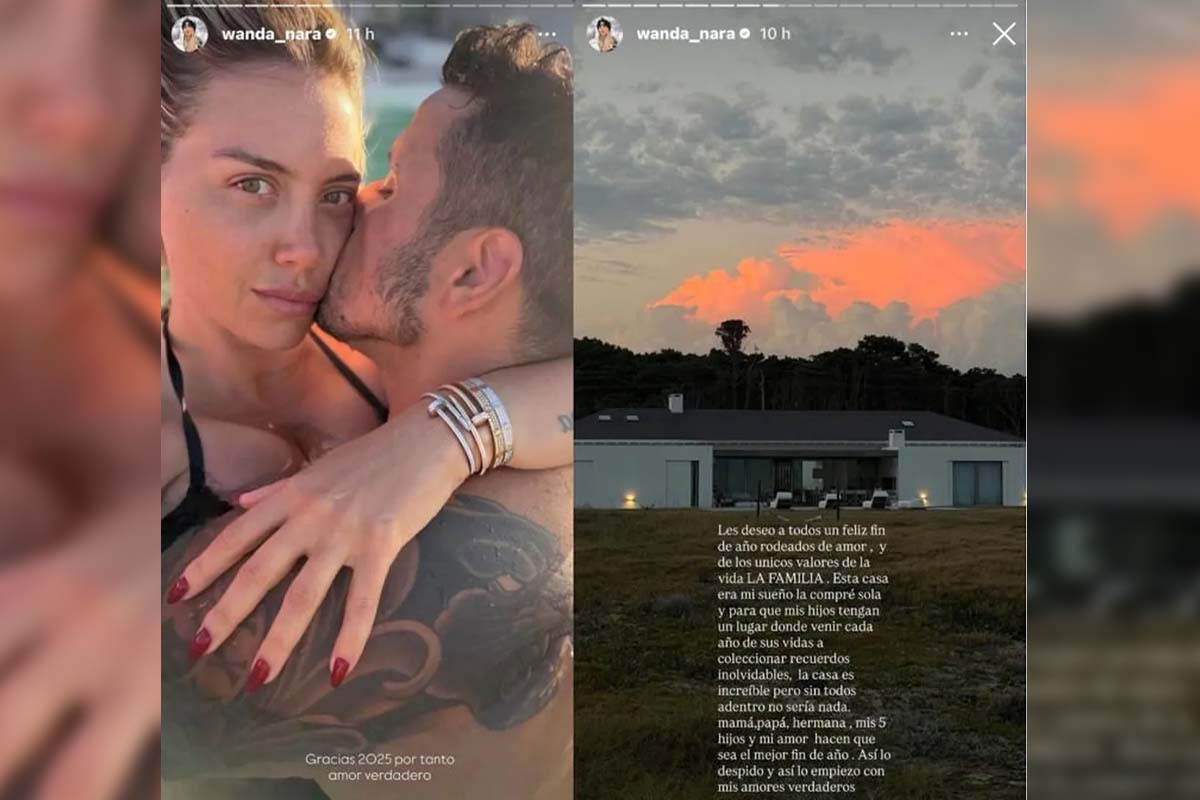 Collage con dos fotos en las historias de Instagram de Wanda Nara junto a Martín Migueles con la frase "Gracias 2025 por tanto amor verdadero".