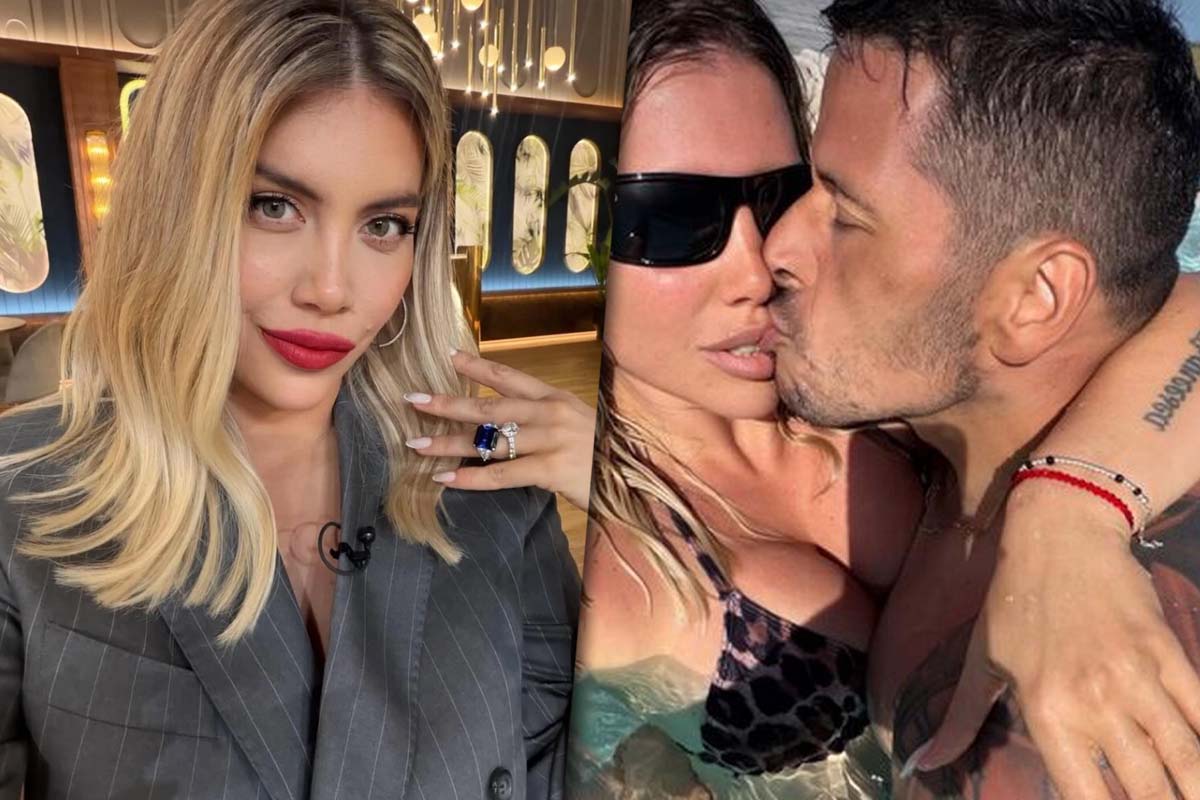 Collage de fotos con Wanda Nara por un lado y una foto de Wanda Nara siendo besada por Martín Migueles en una pileta por el otro lado.