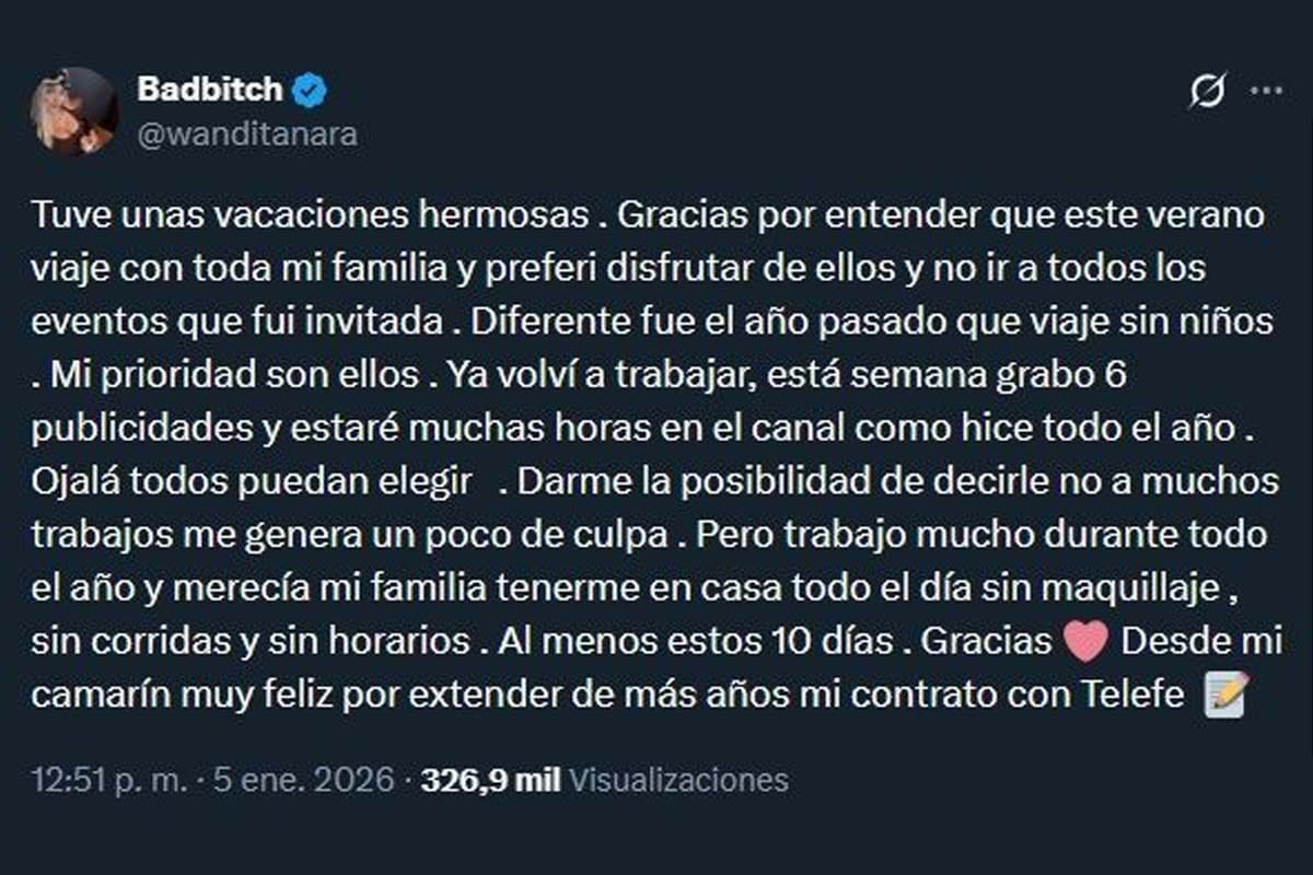 Mensaje de Wanda Nara en X acerca de los rumores de su "mala temporada" en Punta del Este junto a Martín Migueles.